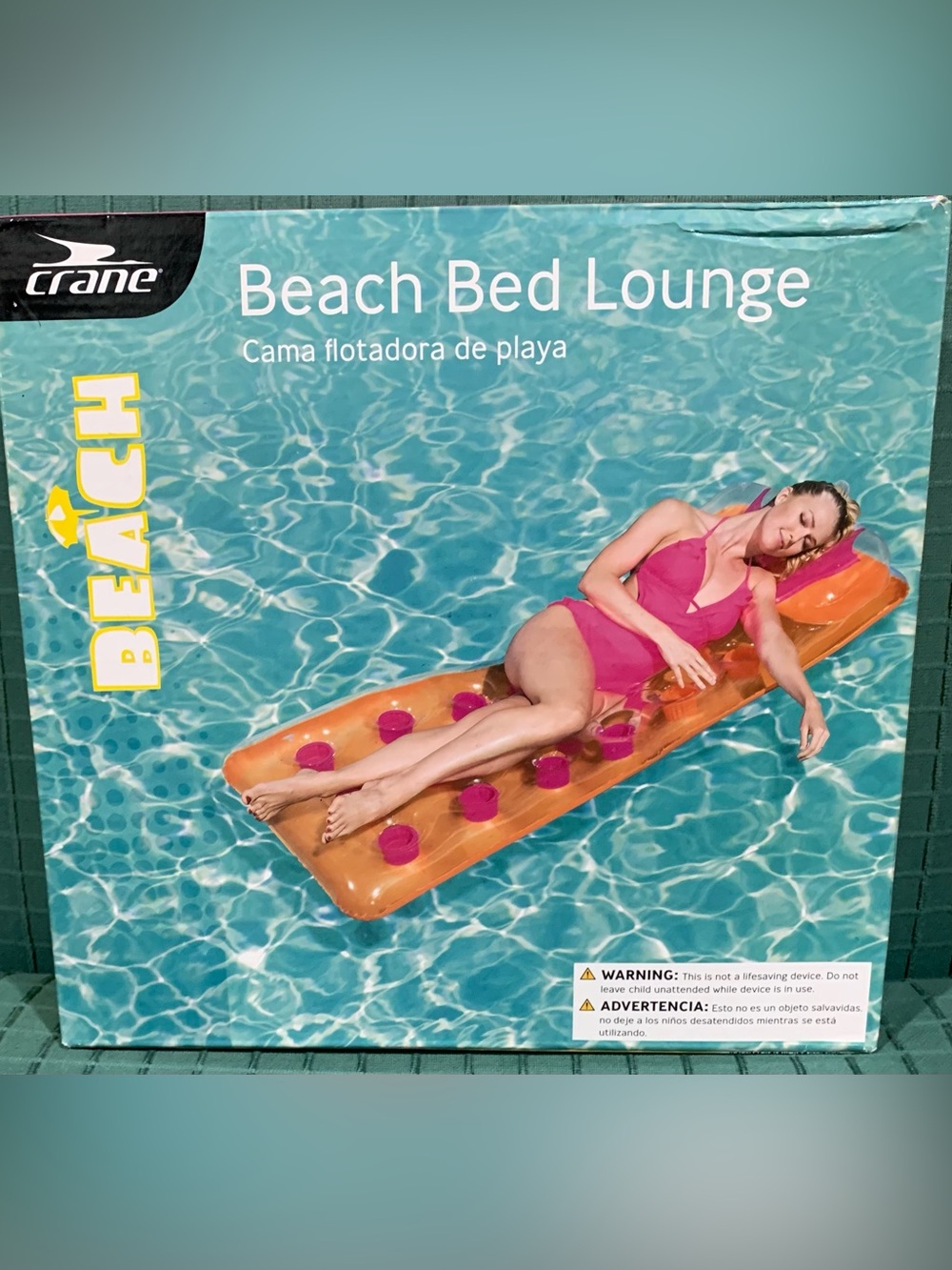 New Crane large 68” x 24” beach bed lounge pool float with pillow headrest